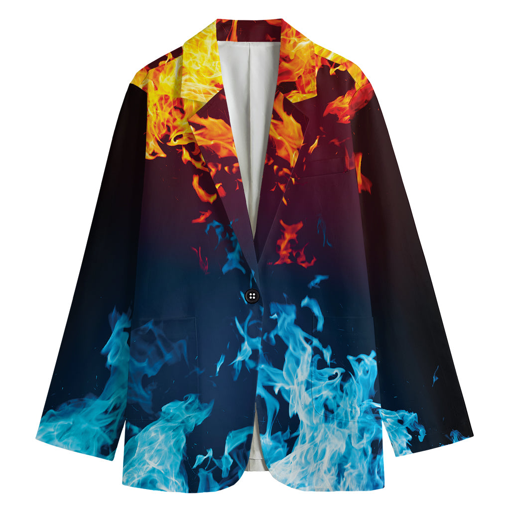 Red And Blue Fire Print Women's Cotton Blazer