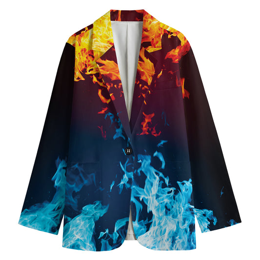 Red And Blue Fire Print Women's Cotton Blazer