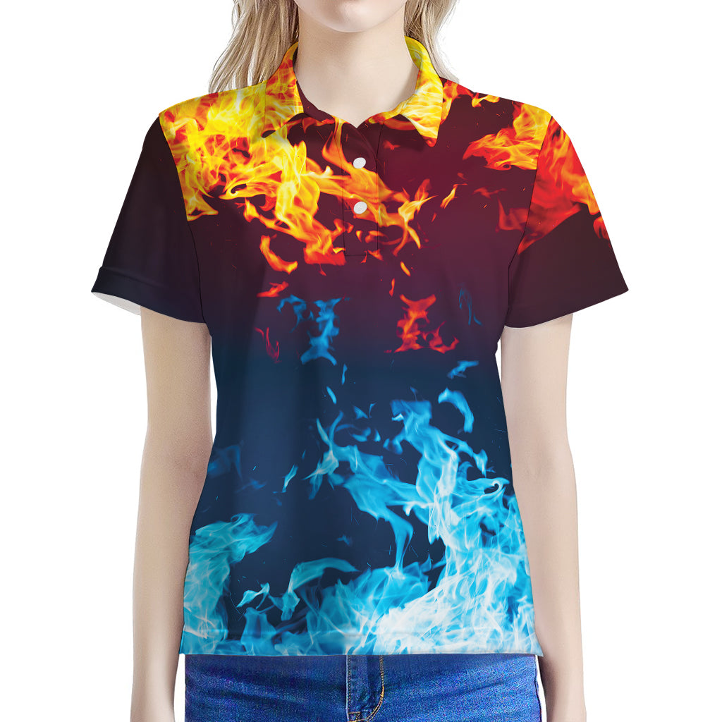Red And Blue Fire Print Women's Polo Shirt