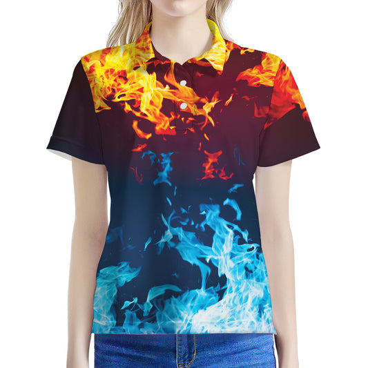 Red And Blue Fire Print Women's Polo Shirt