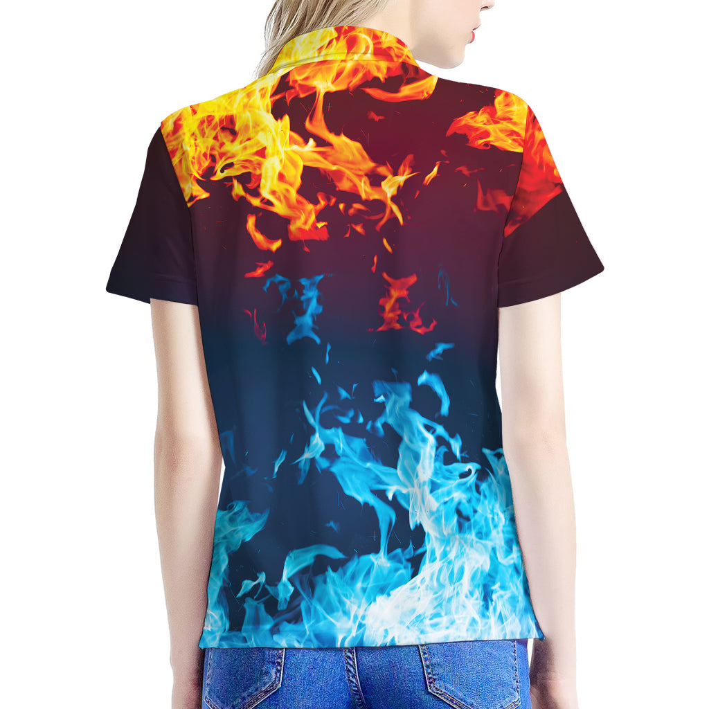 Red And Blue Fire Print Women's Polo Shirt