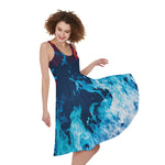 Red And Blue Fire Print Women's Sleeveless Dress