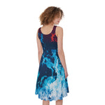 Red And Blue Fire Print Women's Sleeveless Dress