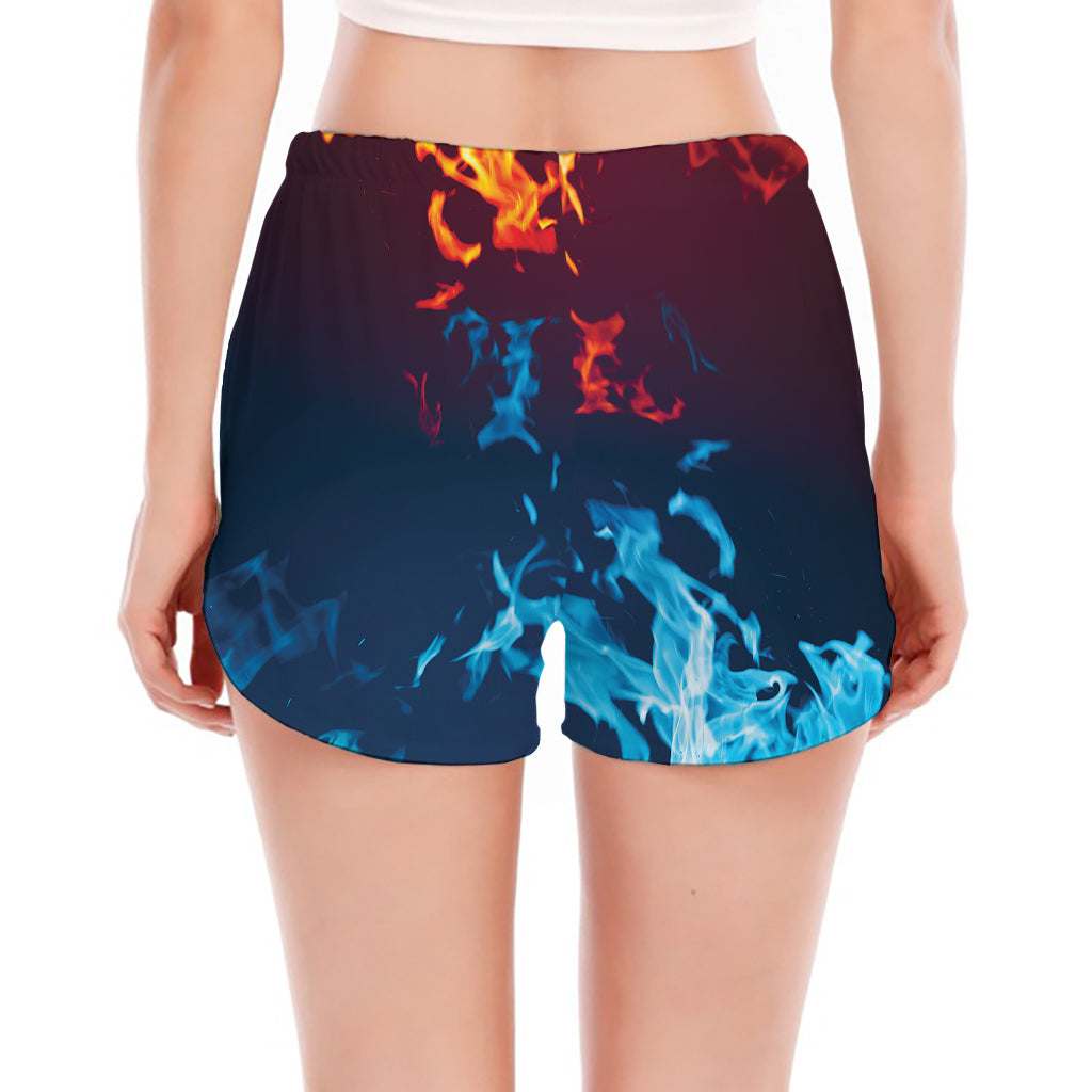 Red And Blue Fire Print Women's Split Running Shorts