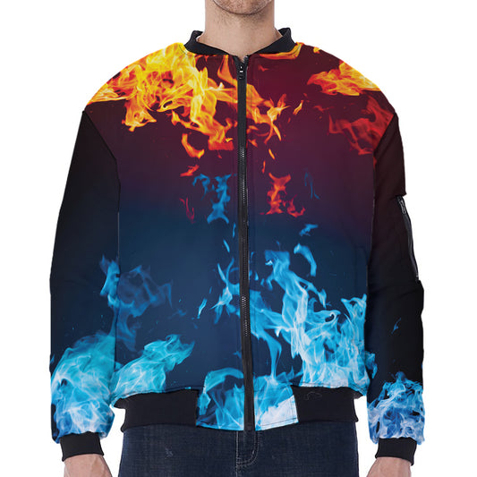 Red And Blue Fire Print Zip Sleeve Bomber Jacket