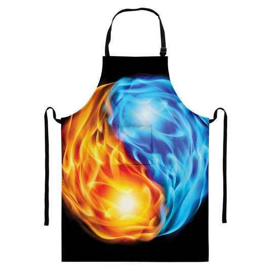 Red And Blue Fire Yin Yang Print Bib Apron With Pocket
