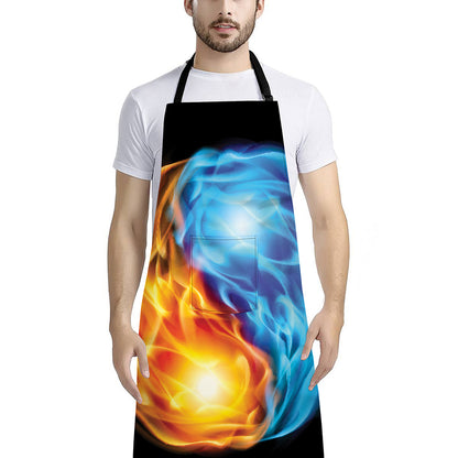 Red And Blue Fire Yin Yang Print Bib Apron With Pocket