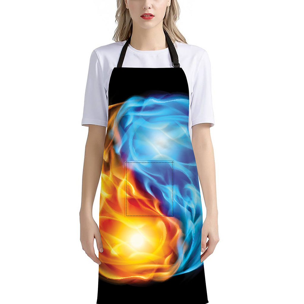 Red And Blue Fire Yin Yang Print Bib Apron With Pocket