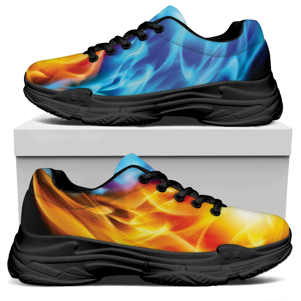 Red And Blue Fire Yin Yang Print Black Chunky Shoes