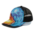 Red And Blue Fire Yin Yang Print Black Mesh Trucker Cap