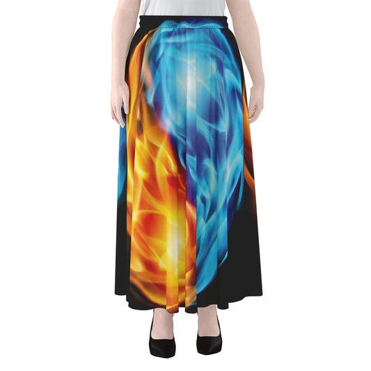 Red And Blue Fire Yin Yang Print Chiffon Maxi Skirt
