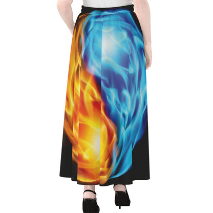 Red And Blue Fire Yin Yang Print Chiffon Maxi Skirt