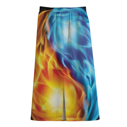 Red And Blue Fire Yin Yang Print Cotton Front Slit Maxi Skirt