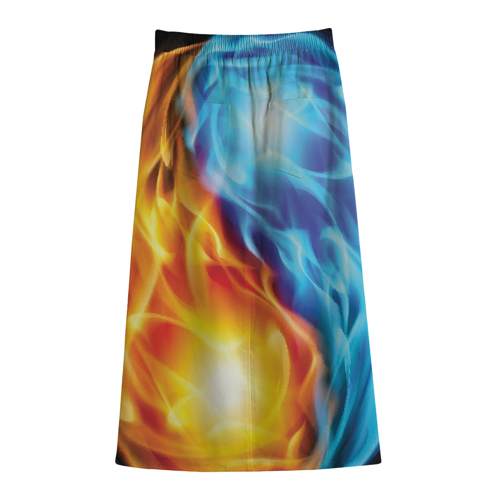 Red And Blue Fire Yin Yang Print Cotton Front Slit Maxi Skirt