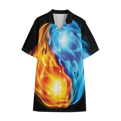 Red And Blue Fire Yin Yang Print Cotton Hawaiian Shirt