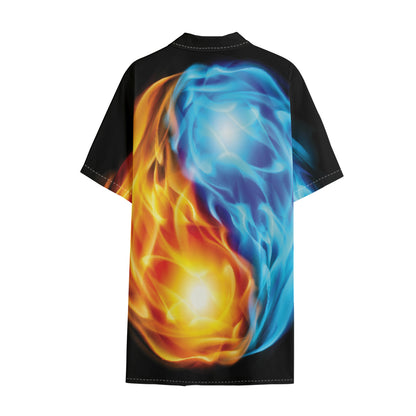 Red And Blue Fire Yin Yang Print Cotton Hawaiian Shirt