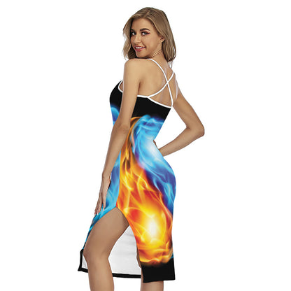 Red And Blue Fire Yin Yang Print Cross Back Cami Dress