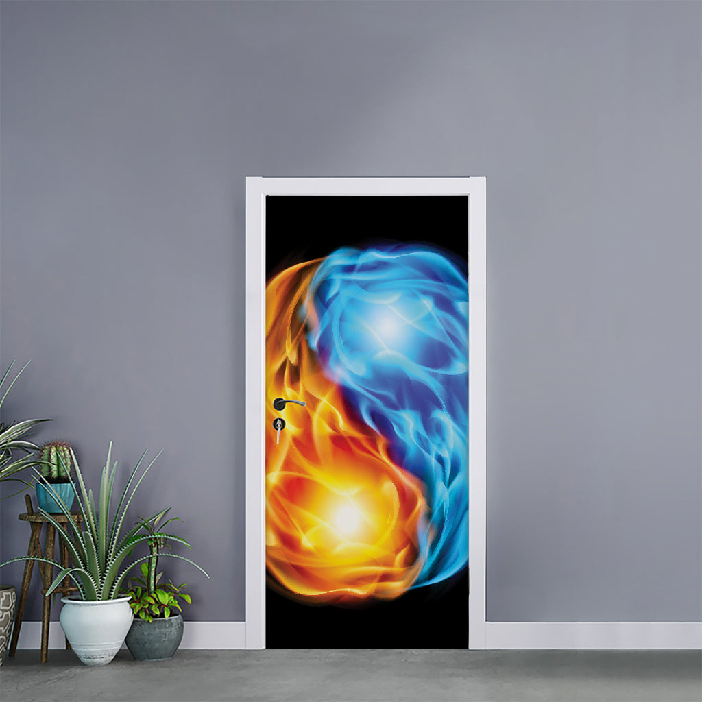 Red And Blue Fire Yin Yang Print Door Sticker