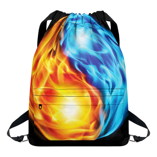 Red And Blue Fire Yin Yang Print Drawstring Backpack