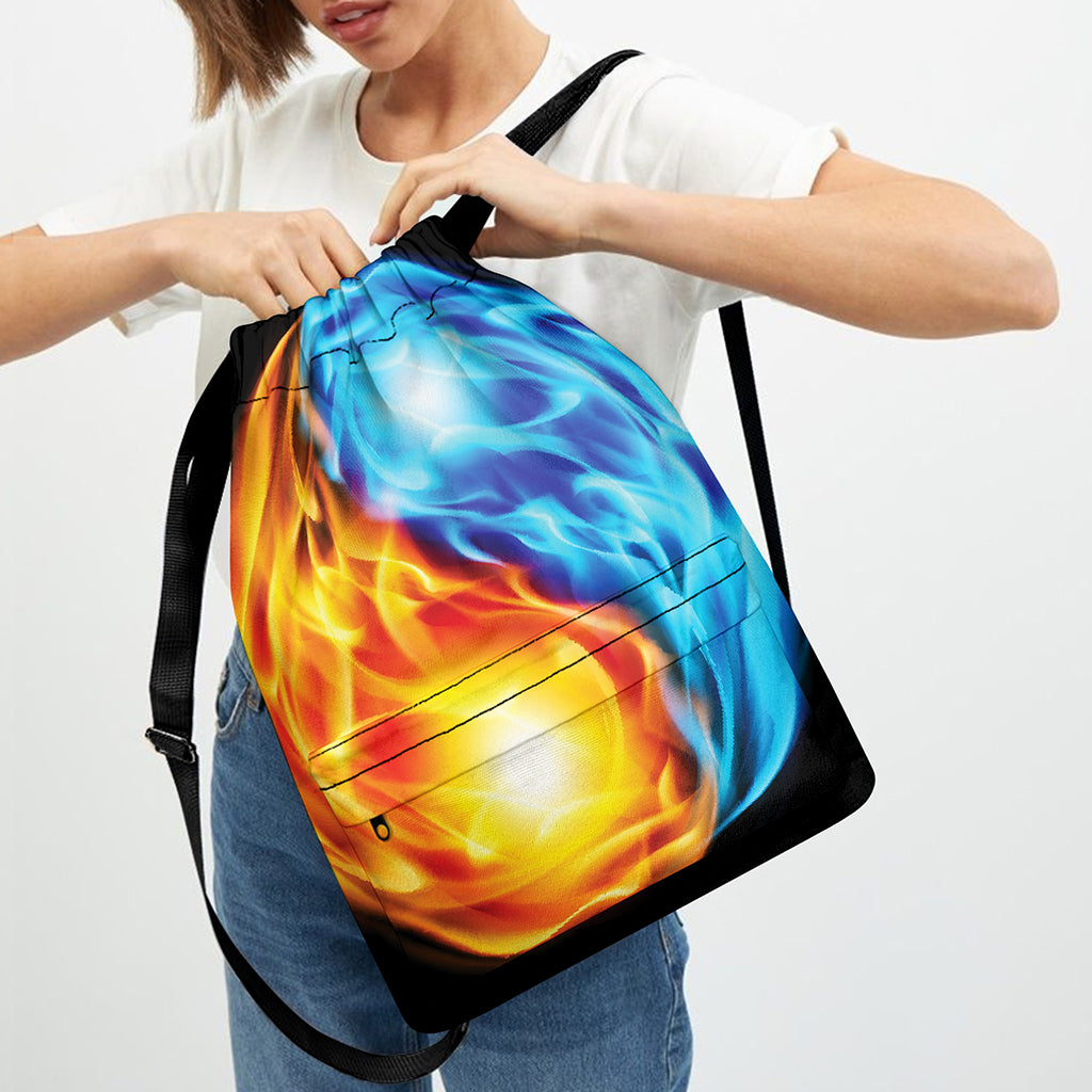 Red And Blue Fire Yin Yang Print Drawstring Backpack