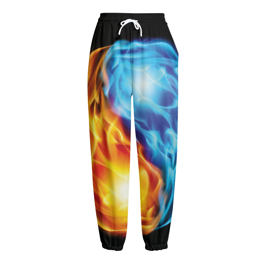 Red And Blue Fire Yin Yang Print Fleece Lined Knit Pants