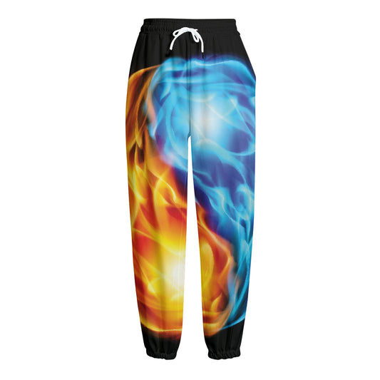 Red And Blue Fire Yin Yang Print Fleece Lined Knit Pants