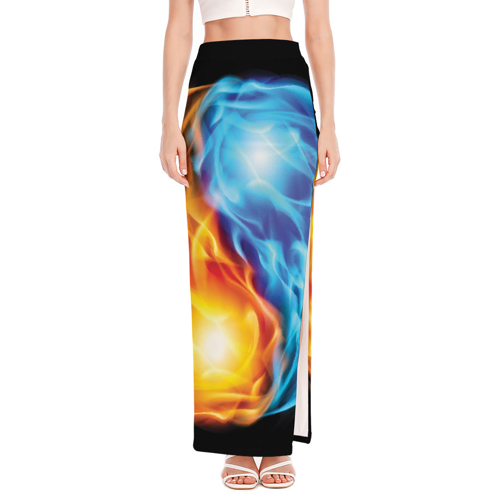 Red And Blue Fire Yin Yang Print High Slit Maxi Skirt