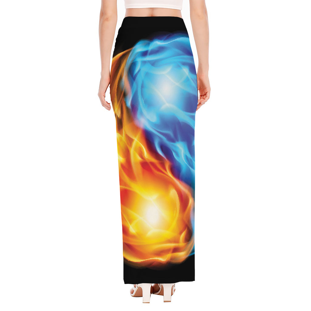 Red And Blue Fire Yin Yang Print High Slit Maxi Skirt