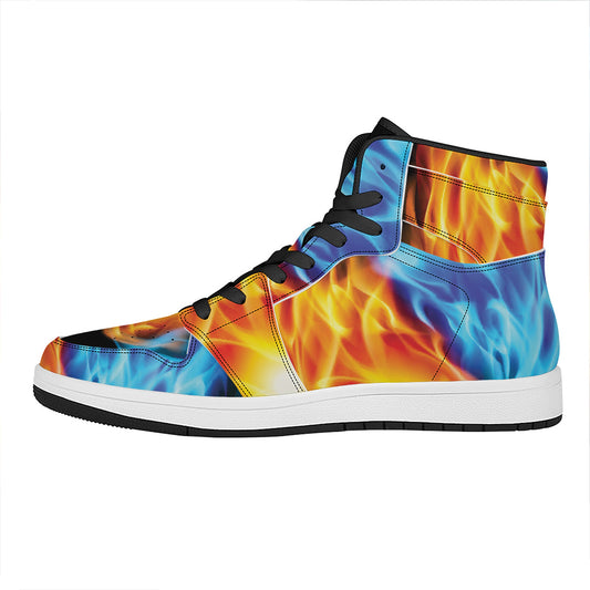 Red And Blue Fire Yin Yang Print High Top Leather Sneakers
