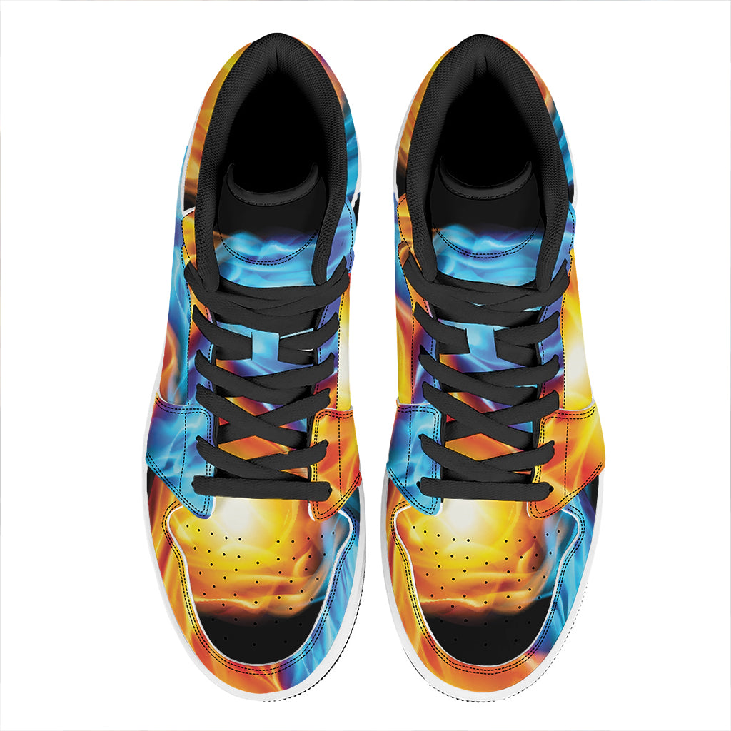 Red And Blue Fire Yin Yang Print High Top Leather Sneakers