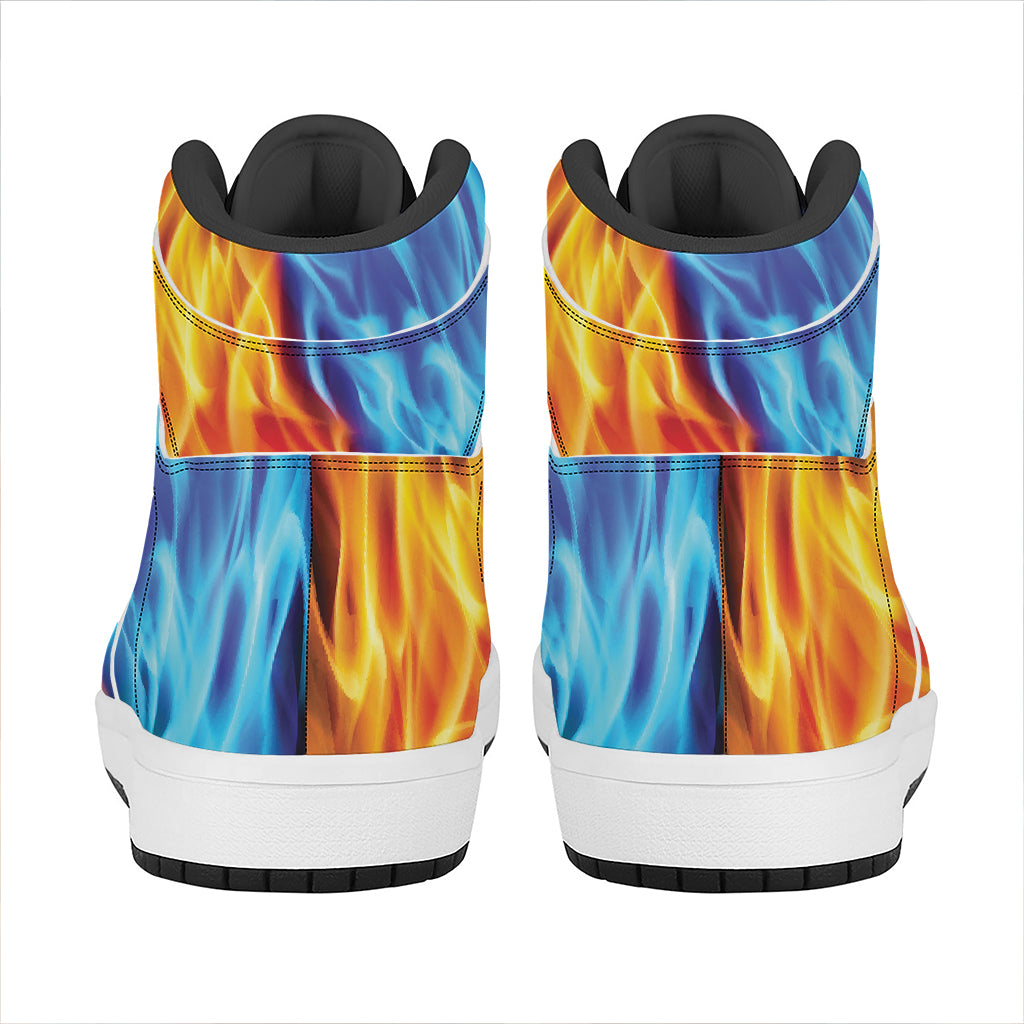 Red And Blue Fire Yin Yang Print High Top Leather Sneakers