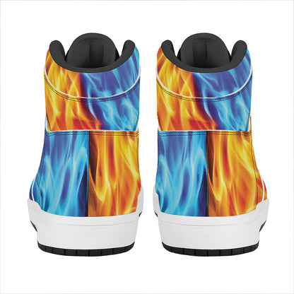 Red And Blue Fire Yin Yang Print High Top Leather Sneakers