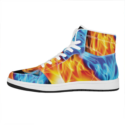 Red And Blue Fire Yin Yang Print High Top Leather Sneakers