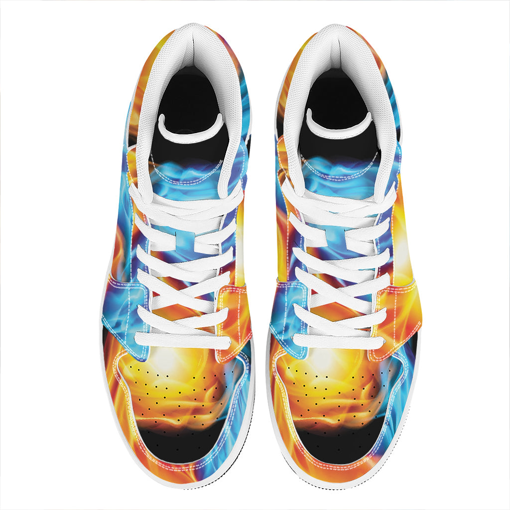 Red And Blue Fire Yin Yang Print High Top Leather Sneakers