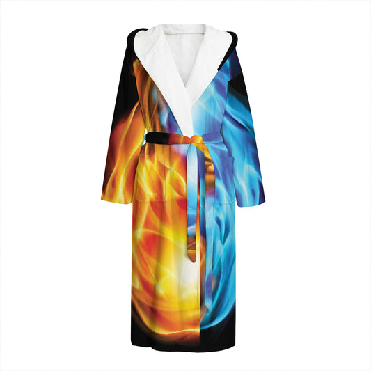 Red And Blue Fire Yin Yang Print Hooded Bathrobe