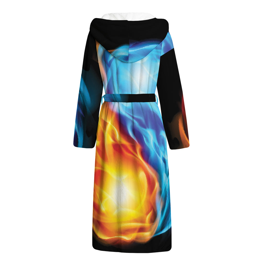 Red And Blue Fire Yin Yang Print Hooded Bathrobe