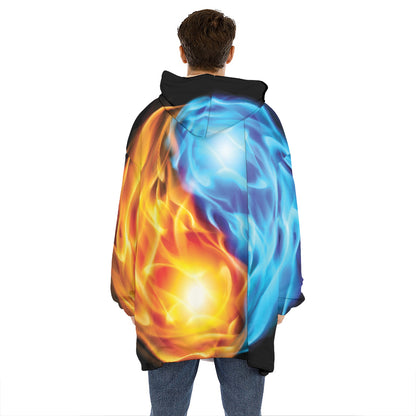Red And Blue Fire Yin Yang Print Hoodie Blanket