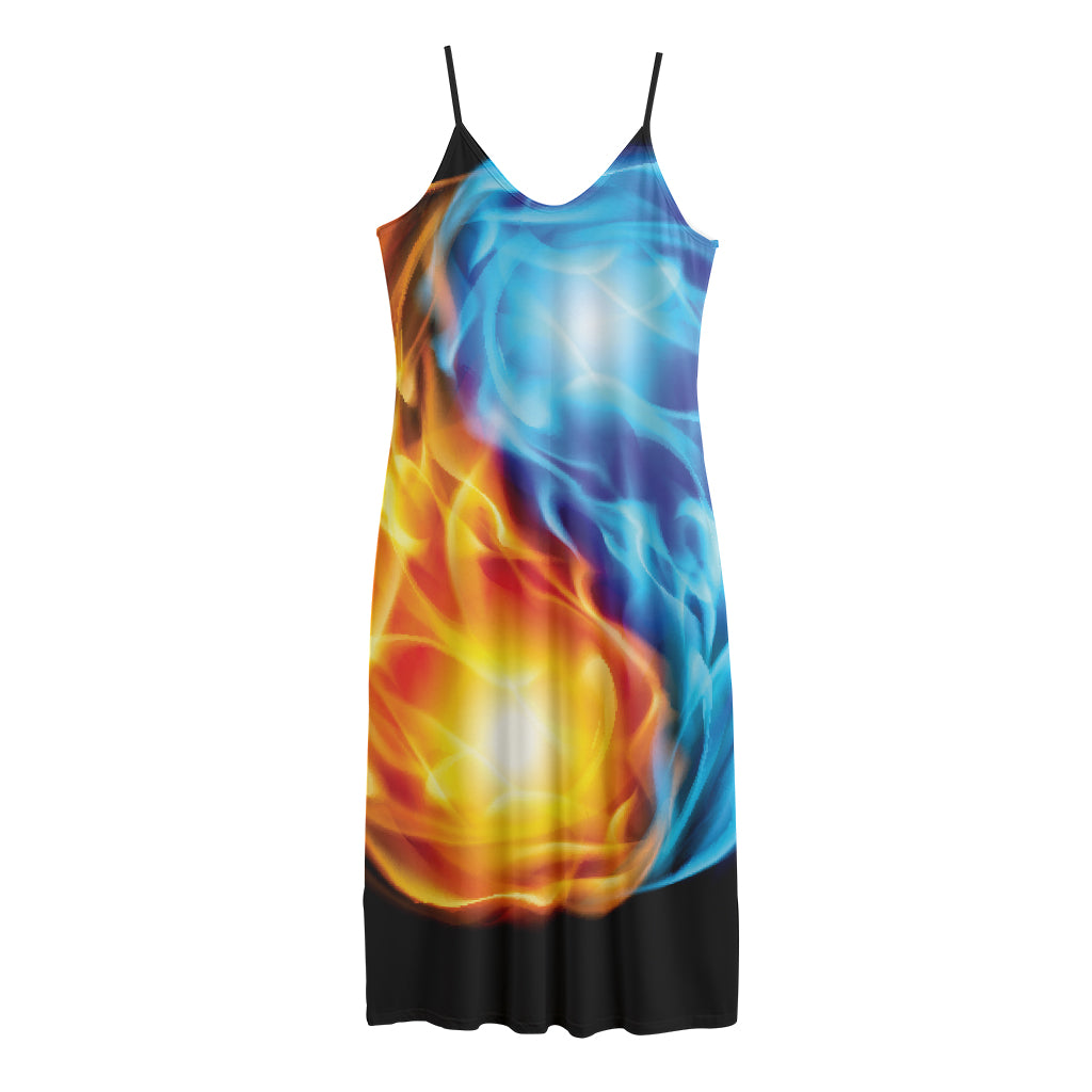 Red And Blue Fire Yin Yang Print Jersey Midi Cami Dress