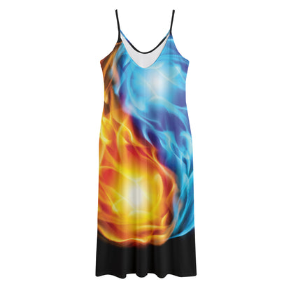 Red And Blue Fire Yin Yang Print Jersey Midi Cami Dress
