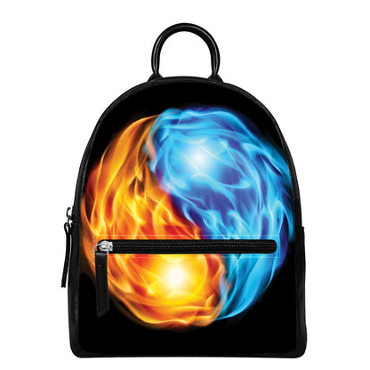 Red And Blue Fire Yin Yang Print Leather Backpack
