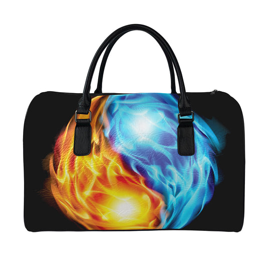 Red And Blue Fire Yin Yang Print Leather Duffle Bag