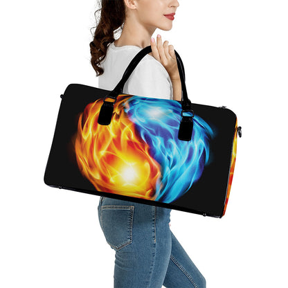 Red And Blue Fire Yin Yang Print Leather Duffle Bag