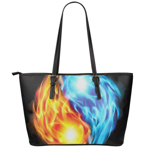 Red And Blue Fire Yin Yang Print Leather Tote Bag