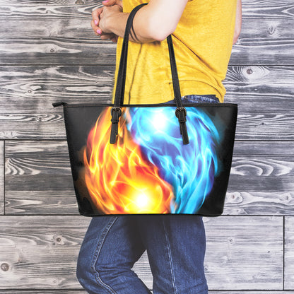 Red And Blue Fire Yin Yang Print Leather Tote Bag
