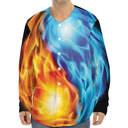 Red And Blue Fire Yin Yang Print Long Sleeve Baseball Jersey