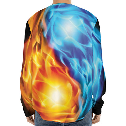 Red And Blue Fire Yin Yang Print Long Sleeve Baseball Jersey