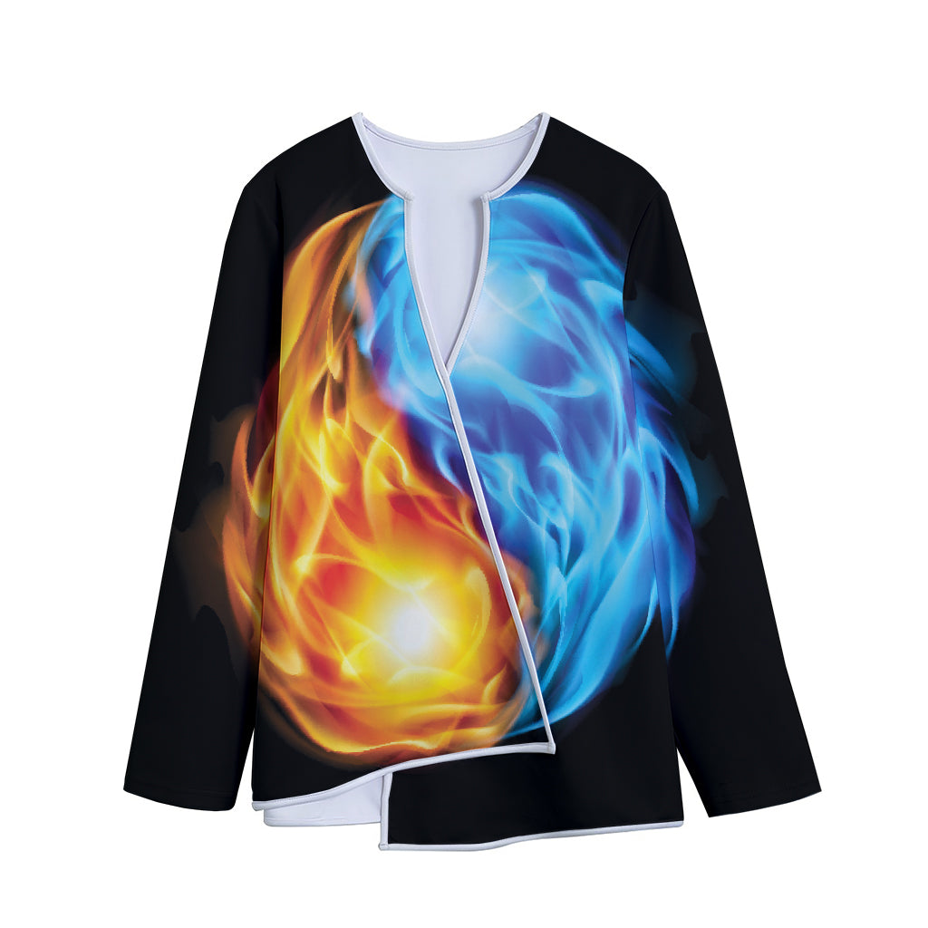 Red And Blue Fire Yin Yang Print Long Sleeve Short Coat
