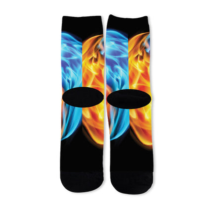 Red And Blue Fire Yin Yang Print Long Socks
