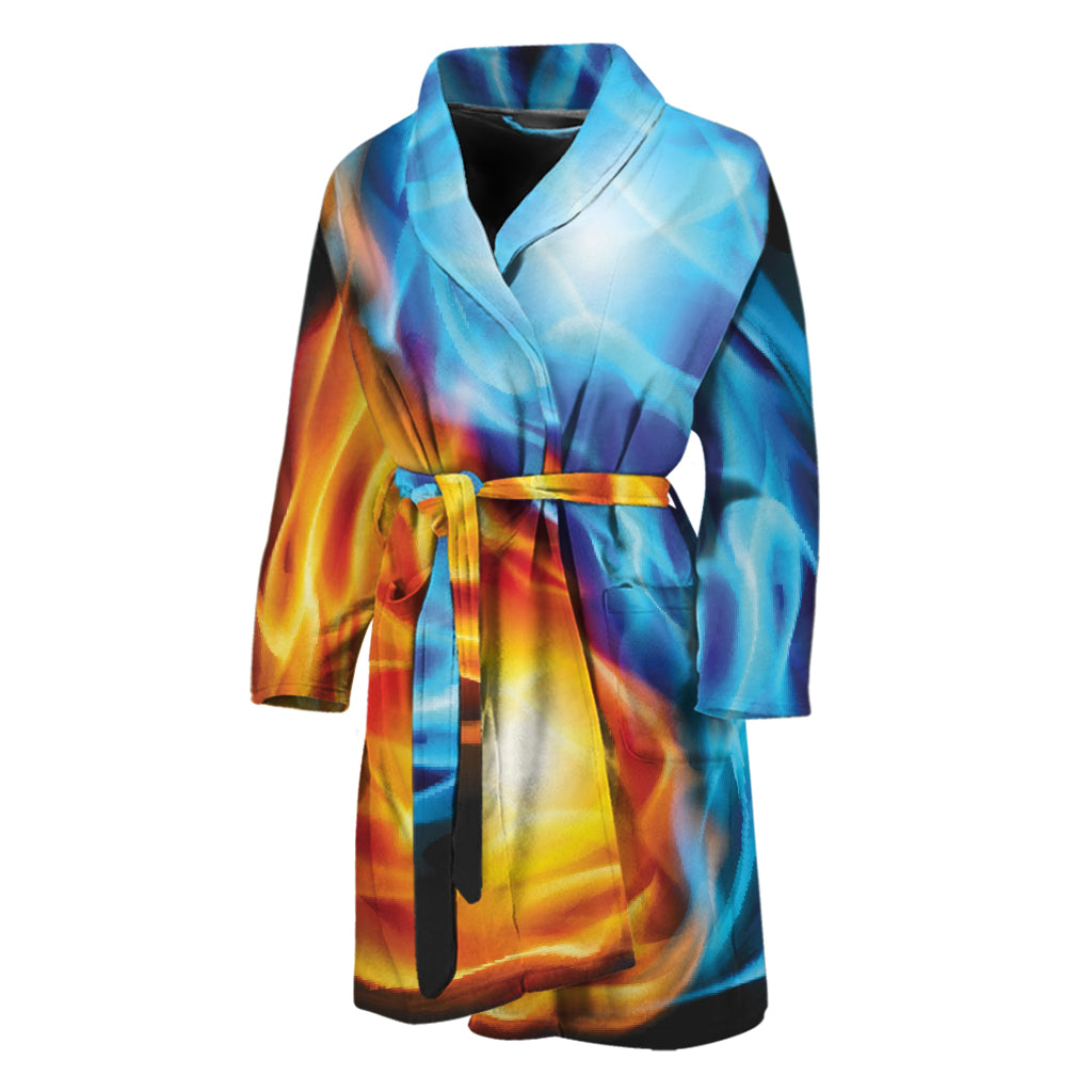 Red And Blue Fire Yin Yang Print Men's Bathrobe