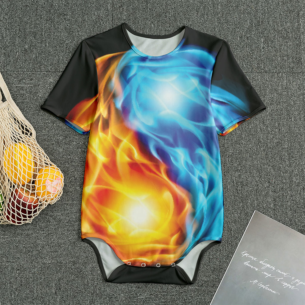 Red And Blue Fire Yin Yang Print Men's Bodysuit